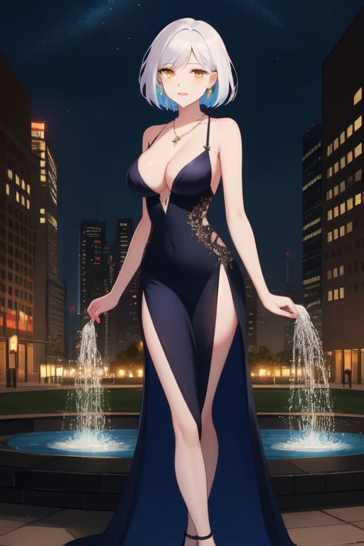 best quality, extremely detailed, masterpiece, females, medium boobs, cleavage, adult, high_heels, evening dress, blue evening dress, elegant, stockings, black stockings, white hair, short_hair, yellow eyes, necklace, fountain, night, colorful lights, face