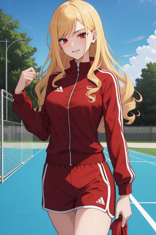 best quality, extremely detailed, masterpiece, females, medium boobs, teen, teenagers, blonde, long_hair, curly_hair, gyaru, red eyes, cheerful, bitch, school sport yard, red track suit, closed track suit, track_suit, shorts, red shorts