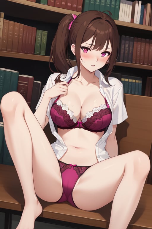 best quality, extremely detailed, masterpiece, female, cleavage, sexy_pose, medium_breasts, teenagers, school_girl, school, library, white shirt, short_sleeves, brown hair, pink eyes, pony_tail, blush, open shirt, open_clothes, magenta bra, magenta panties, bend over, sitting, legs_open, legs_spread