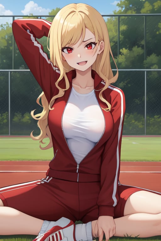 best quality, extremely detailed, masterpiece, females, medium boobs, teen, teenagers, blonde, long_hair, curly_hair, gyaru, red eyes, cheerful, bitch, school sport yard, red track suit, track_suit, open track suit, shorts, red shorts, yoga pose