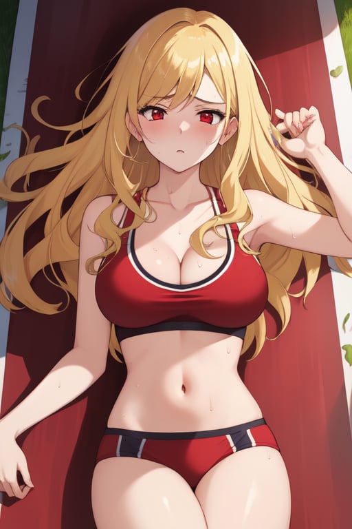 best quality, extremely detailed, masterpiece, females, medium boobs, cleavage, teen, teenagers, blonde, long_hair, curly_hair, gyaru, red eyes, school sport yard, track field, buruma, red buruma, red sportbra, sportbra, sweating, lying on the back, exhausted, tired