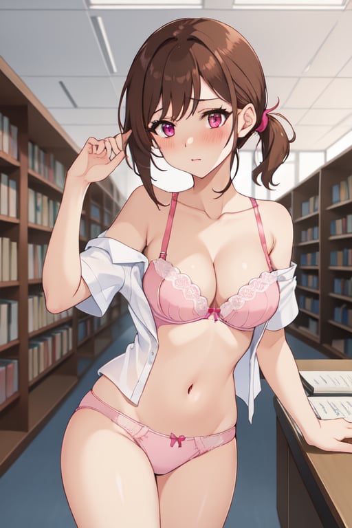 best quality, extremely detailed, masterpiece, female, cleavage, sexy_pose, medium_breasts, teenagers, school_girl, school, library, white shirt, short_sleeves, brown hair, pink eyes, pony_tail, blush, open shirt, open_clothes, magenta bra, magenta panties, off-shoulder, bare_shoulder, behi