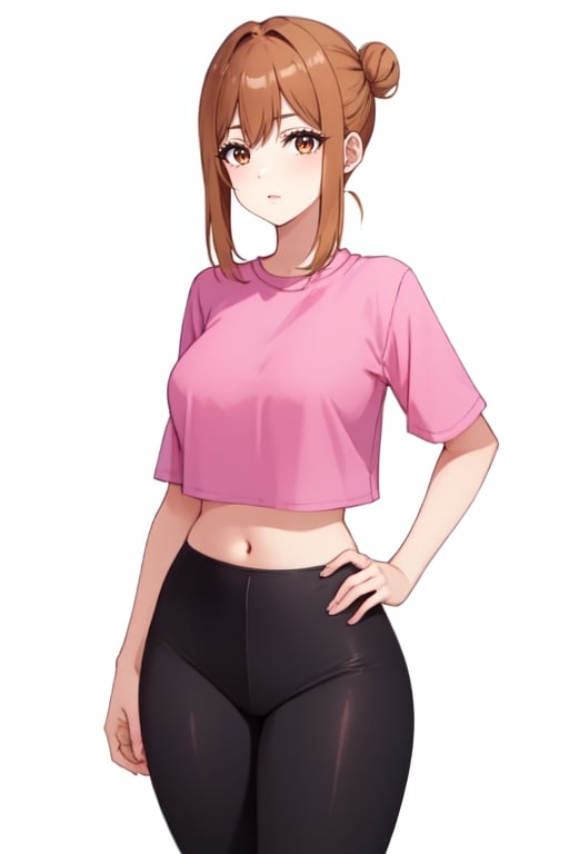 best quality, extremely detailed, masterpiece, 1_girl, underage, 16 years old, young, medium boobs, brown_hair, long_hair, longhair, straight_hair, brown_eyes, teen, teenage, medium thighs, leggings, pink top, crop top, character, white_background, innocent, standing, eye-level, cute, adorable, hair bun