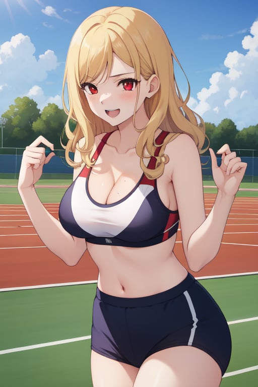 best quality, extremely detailed, masterpiece, females, medium boobs, cleavage, teen, teenagers, blonde, long_hair, curly_hair, gyaru, red eyes, cheerful, bitch, school sport yard, track field, buruma, white sportbra, sportbra