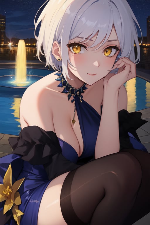 best quality, extremely detailed, masterpiece, females, medium boobs, cleavage, adult, high_heels, evening dress, blue evening dress, elegant, stockings, black stockings, white hair, short_hair, yellow eyes, necklace, fountain, night, colorful lights, closeup, close_up, close-up, face