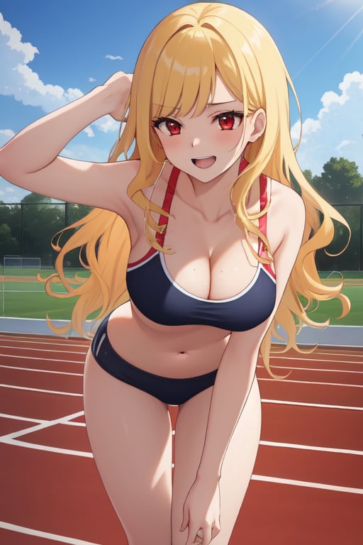 best quality, extremely detailed, masterpiece, females, medium boobs, cleavage, teen, teenagers, blonde, long_hair, curly_hair, gyaru, red eyes, cheerful, bitch, school sport yard, track field, buruma, white sportbra, bend over, sportbra