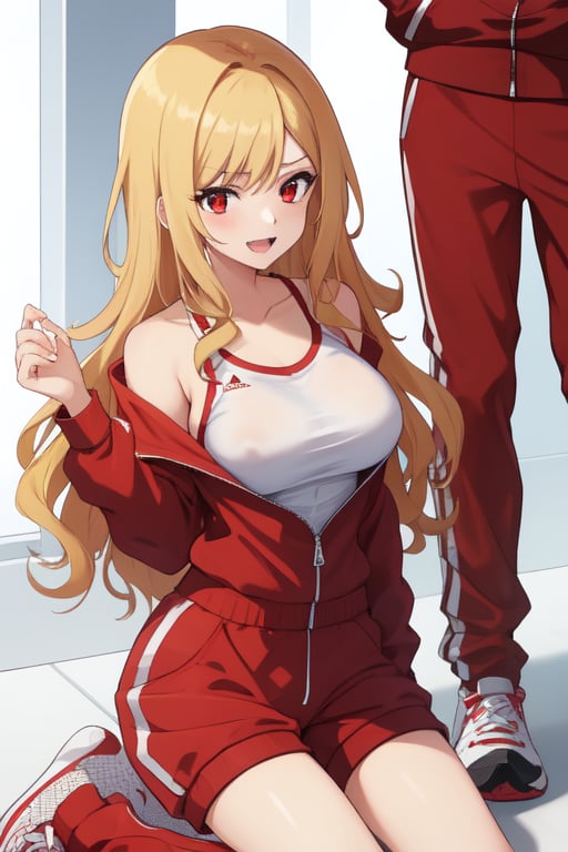 best quality, extremely detailed, masterpiece, females, medium boobs, teen, teenagers, blonde, long_hair, curly_hair, gyaru, red eyes, cheerful, bitch, school sport yard, red track suit, track_suit, open track suit, shorts, red shorts, kneeling, off-shoulder track suit, white shirt