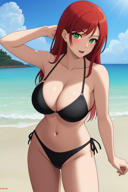 best quality, extremely detailed, masterpiece, female, adult, sexy_pose, cleavage, milf, long_hair, red_hair, green_eyes, beach, pulling down top half bikini, striptease, black bikini, Miyako Saitou