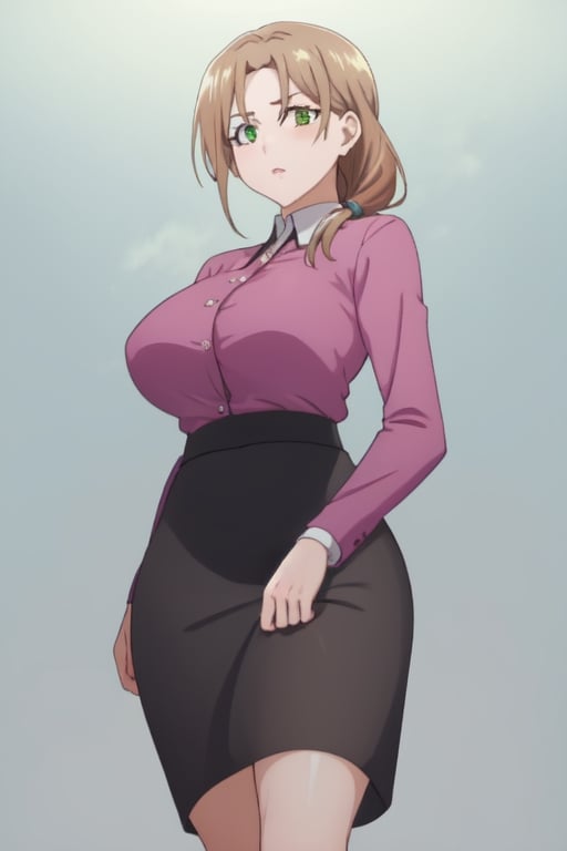 best quality, extremely detailed, masterpiece, 1_girl, mature, milf, mommy, mother, adult, medium boobs, black stockings, short_skirt, mini_skirt, undershirt, secretary, elegant, green-eyes, brown-hair, pony_tail, ponytail, standing, white background, Shiori Katase, milfication