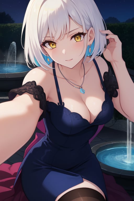 best quality, extremely detailed, masterpiece, females, medium boobs, cleavage, adult, high_heels, evening dress, blue evening dress, elegant, stockings, black stockings, white hair, short_hair, yellow eyes, necklace, fountain, night, colorful lights, closeup, close_up, close-up, face