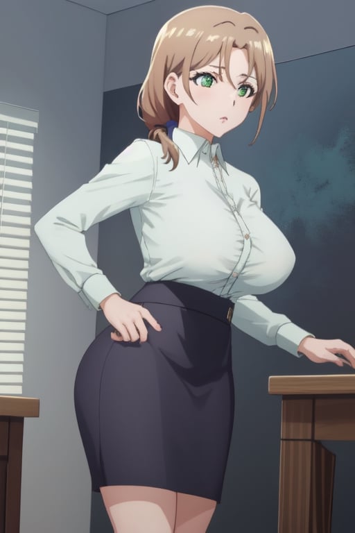 best quality, extremely detailed, masterpiece, 1_girl, mature, milf, mommy, mother, adult, medium boobs, black stockings, short_skirt, mini_skirt, undershirt, secretary, elegant, green-eyes, brown-hair, pony_tail, ponytail, standing, white background, Shiori Katase, milfication