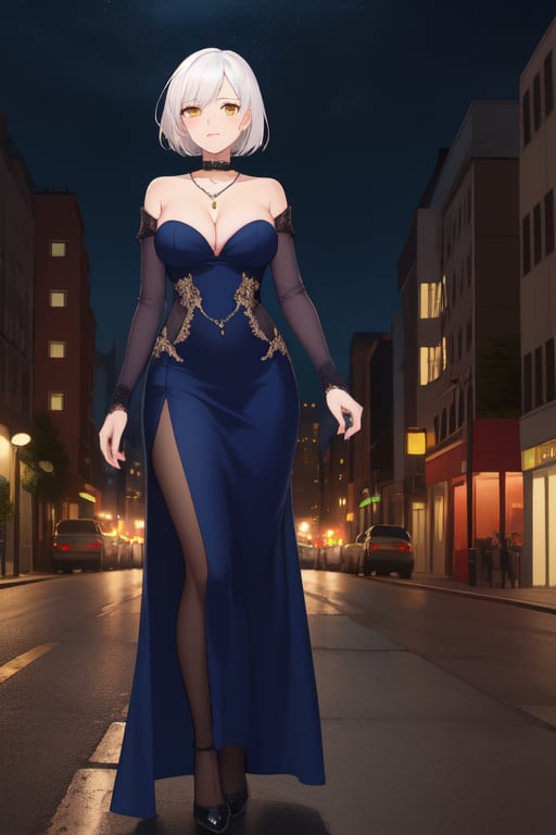 best quality, extremely detailed, masterpiece, females, medium boobs, cleavage, adult, high_heels, evening dress, blue evening dress, elegant, stockings, black stockings, white hair, short_hair, yellow eyes, necklace, night, street, lovehotel in the background