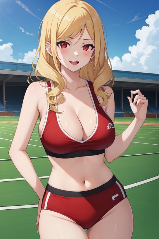 best quality, extremely detailed, masterpiece, females, medium boobs, cleavage, teen, teenagers, blonde, long_hair, curly_hair, gyaru, red eyes, cheerful, bitch, school sport yard, track field, buruma, red buruma, white sportbra, sportbra