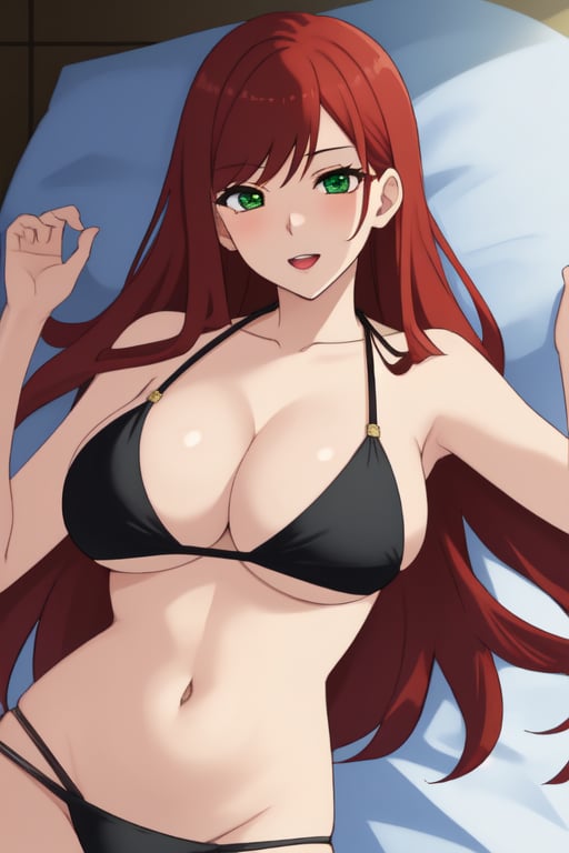 best quality, extremely detailed, masterpiece, female, adult, sexy_pose, cleavage, milf, long_hair, red_hair, green_eyes, lying on the back, black bikini, Miyako Saitou