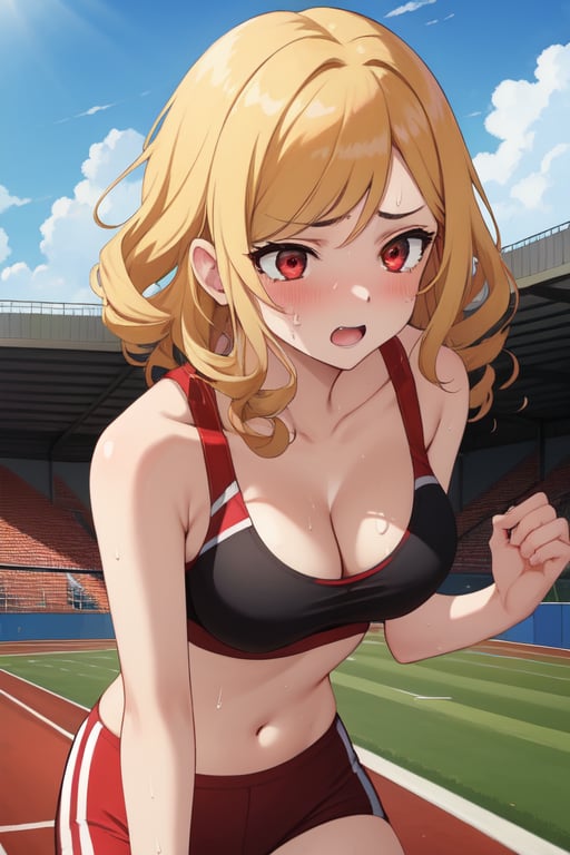 best quality, extremely detailed, masterpiece, females, medium boobs, cleavage, teen, teenagers, blonde, long_hair, curly_hair, gyaru, red eyes, school sport yard, track field, buruma, red buruma, red sportbra, sportbra, run, running, comptetition, race, sweating