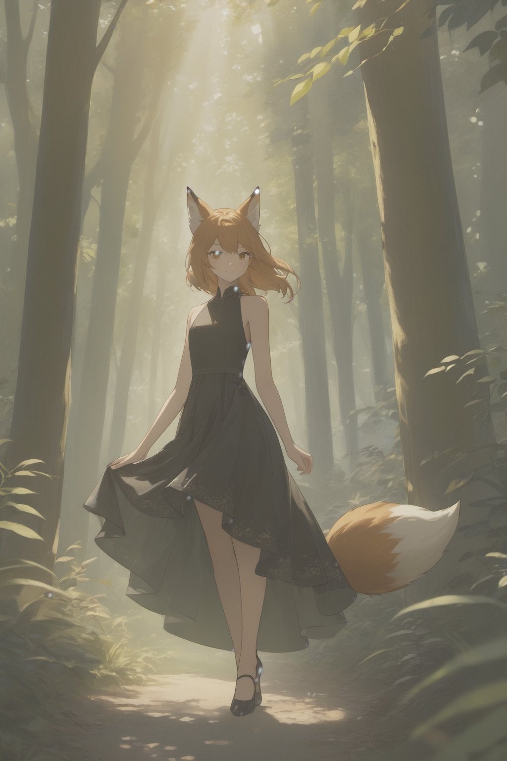 A captivating fox girl, resplendent in a sleek black dress, playfully gazes directly at the viewer with an air of mischief. Framed against the lush forest backdrop, soft golden light filters through the foliage, casting dappled shadows on the surrounding terrain. Her piercing gaze seems to beckon the viewer into her world, as if sharing a hidden secret. In stunning 64k UHD, every intricate detail is rendered with breathtaking clarity, inviting the audience to step into this masterfully crafted atmosphere.