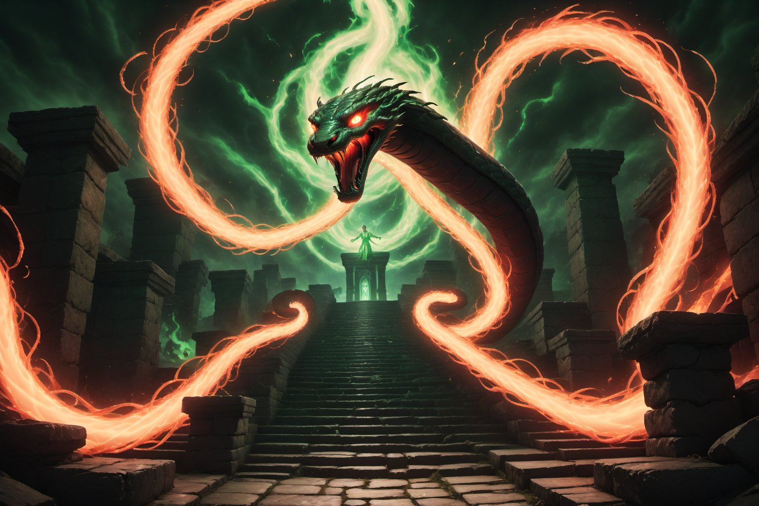 Overhead shot: A fiery portal spews forth twisted creatures onto worn stone steps, amidst writhing green flames that snake across the summoner's skin like monster. The crimson sky thunders with unearthly power, casting an eerie glow on the scene as the summoner's outstretched arms channel blazing energy coursing through their body.