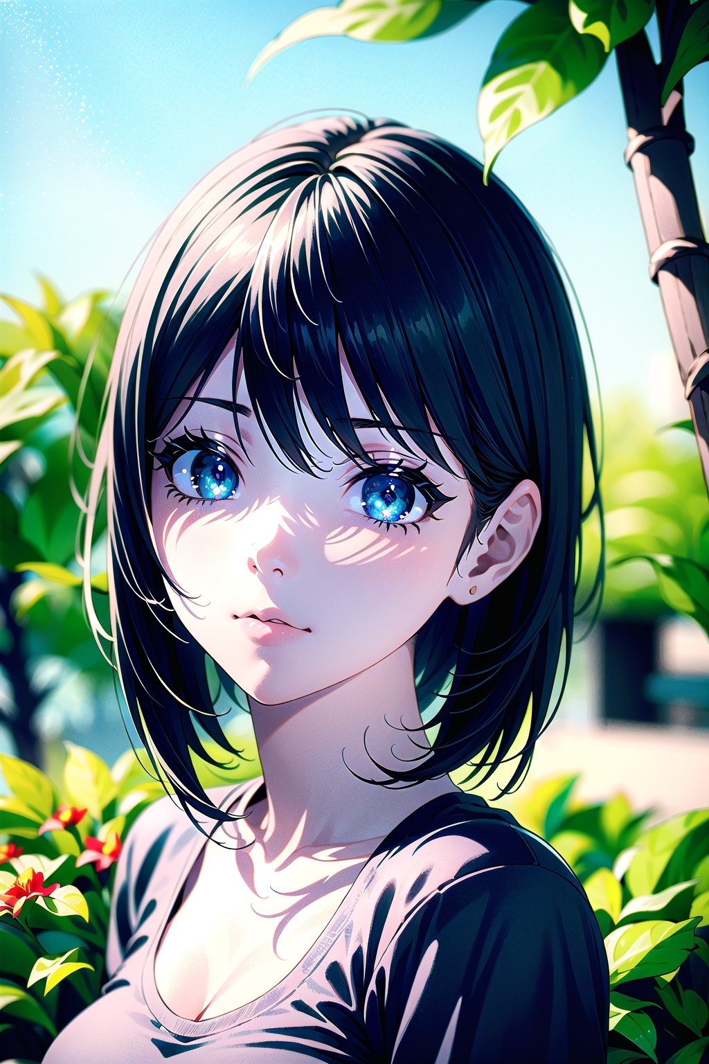 ((1girl)), (3d rendering), (3d girl), ((solo)), Half body, details, (Long straight hairs), (blue-green hair:0.8), nice eyes, (detailed beautiful eyes), (detailed face), (extremely detailed CG, ultra-detailed, best shadow), ((depth of field)), (loses black shirt), (flowers and petals:1.12),