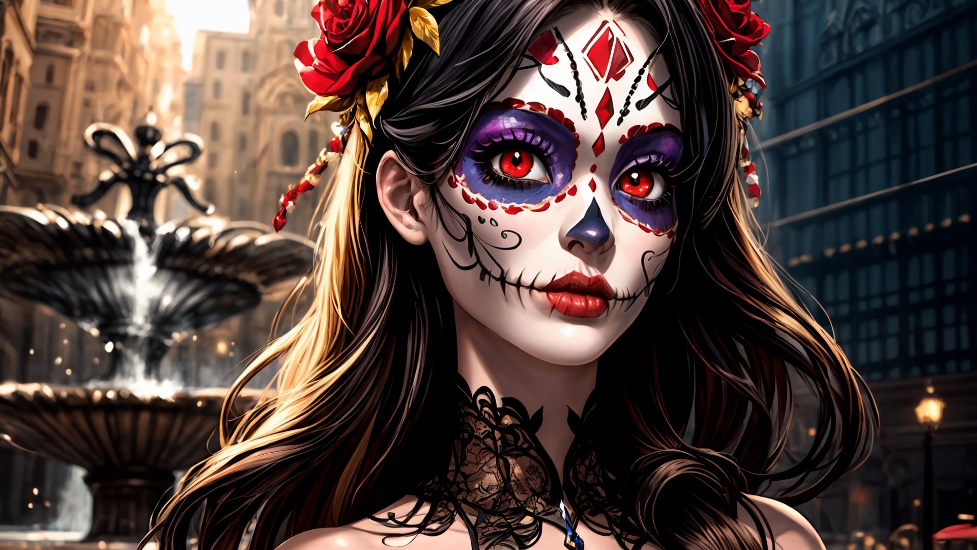 Beautifull Catrina, Wearing Traditional Ornate Catrina Dress:: Catrina Roses Crown: dia de los muertos make up, Real Face:: Real Eyes:: Blowing Messy Hair: Fountain Landscape:: Intrincate Colored Catrina Profesional Makeup: Range Color Spectrum:: Seductive Eyes: Sensual Photoshoot: Mistycism, Modern Style, Hyper Realistic, Red Eyes, Real Beautiful Face, Perfect Face, The artwork should have photo-realistic, highly detailed symmetric beautiful eyes, highly detailed gorgeous sweet face, dynamic pose, ethereal, mystical, The artwork should be centered, stylized, and elaborate, ultra-realistic, Elegant, Delicate, extremely detailed natural texture, hyper realistic lifelike texture, 32k trendy, dreamy, backlit, glamour, glimmer, shadows, brush strokes, ultra high definition, 8k, ultra sharp focus, art intricate artwork masterpiece, golden ratio, trending on cgsociety, cinematic pose, dynamic movement,niji,Girls,Luna