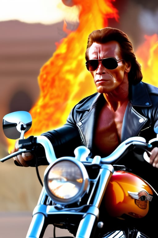 fire in motocycle ,  harley davidson on the muscularnaked man  terminator type arnold schwarzenegger driver detiled face cool sun glasses