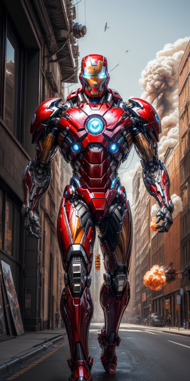 (8k, 3D, UHD, highly detailed, masterpiece, professional oil painting) A hybrid of TERMINATOR and the IRONMAN • Intricately detailed, intricate complexity, 8k resolution, octane render, hdr+, photoreal, hyperreal, masterpiece, bodybuilder anatomy

add explosion and the thunderbolts in the background

,mecha musume