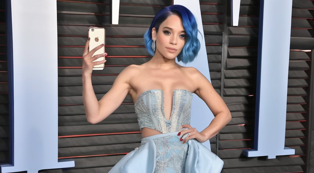 celebrity_woman , beauty kodak, red carpet, prety_woman, self_shot look camera blue hair