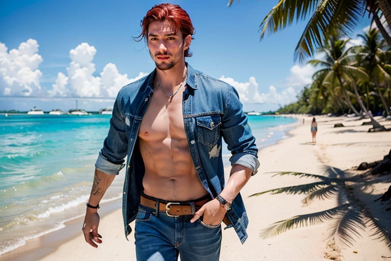 an ultra-realistic image walking towards us on a beach like the Maldives a man with red hair with detailed muscles blue eyes top naked underneath jeans and a belt attached to jeans belt at the waist a square silver belt from a highly detailed crushed chain