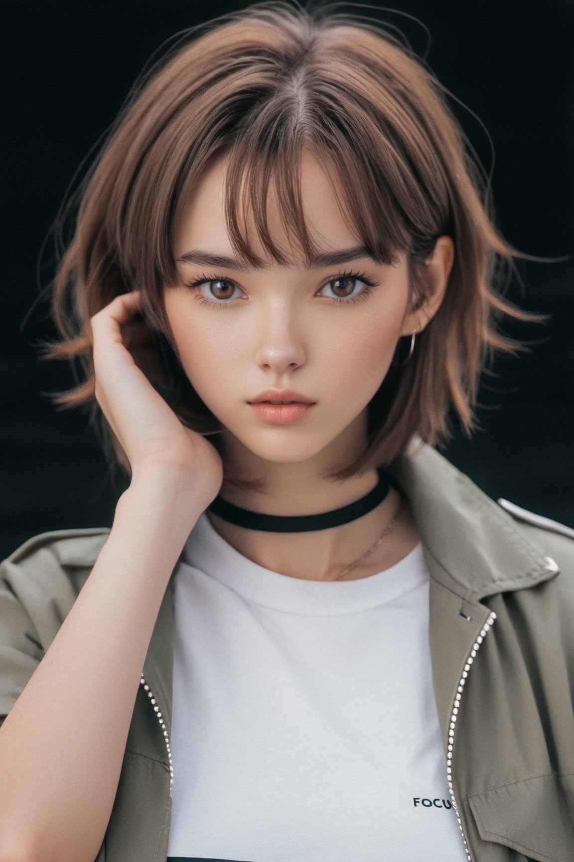 female focus, brown hair, t-shirt, solo focus, upper body, jacket, closed mouth, short hair, 1girl