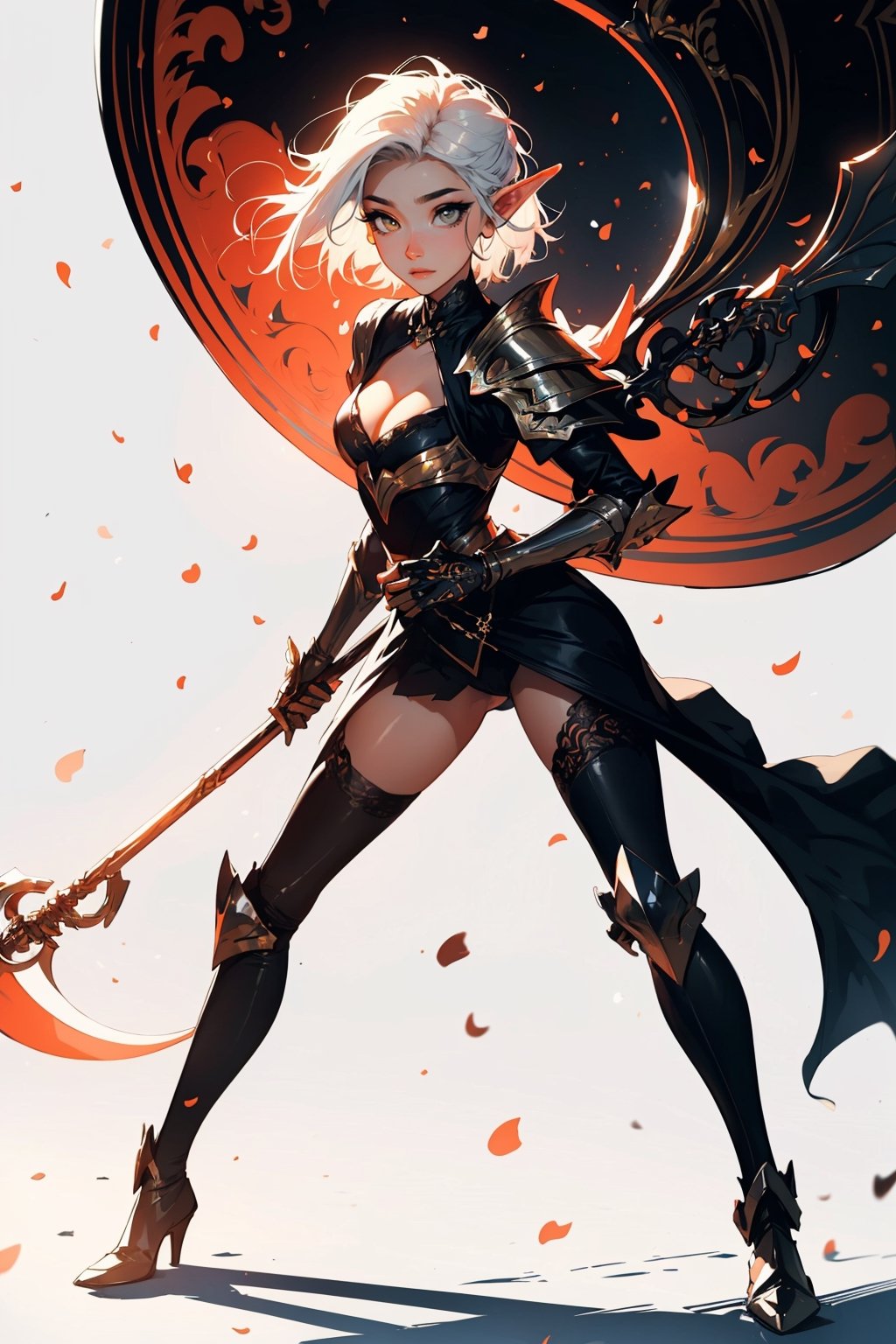 ((Masterpiece, best quality, ultra-detailed)), (detailed background), (pretty face), One female elf, beautiful sun light shining down on her, bright yellow eyes, light peach color skin, white_hair, straight_hair, hair passing waist, armor shoulder plates, chest armor plates slightly revealing cleavage, legs armor plates slightly revealing legs, one magical staff, full body stance, depth of view, (best shadow, best gray shader, ultra detailed), (detailed background), (beautiful detailed face, beautiful detailed eyes), High contrast, (best illumination, an extremely delicate and beautiful), perfectly holding a scythe, magical aura around scythe 