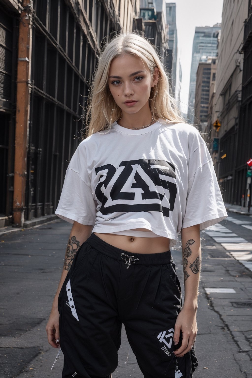 1girl, young white girl, hot top model, long blonde hair, wearing a white long oversize t shirt (t shirt only white color) and Acronym J36-S black pants and Acronym P30A-DS and black and white sneakers, in city, instagram model, 80mm,urban techwear,blurry_light_background,tattoo,nipple piercing,girl