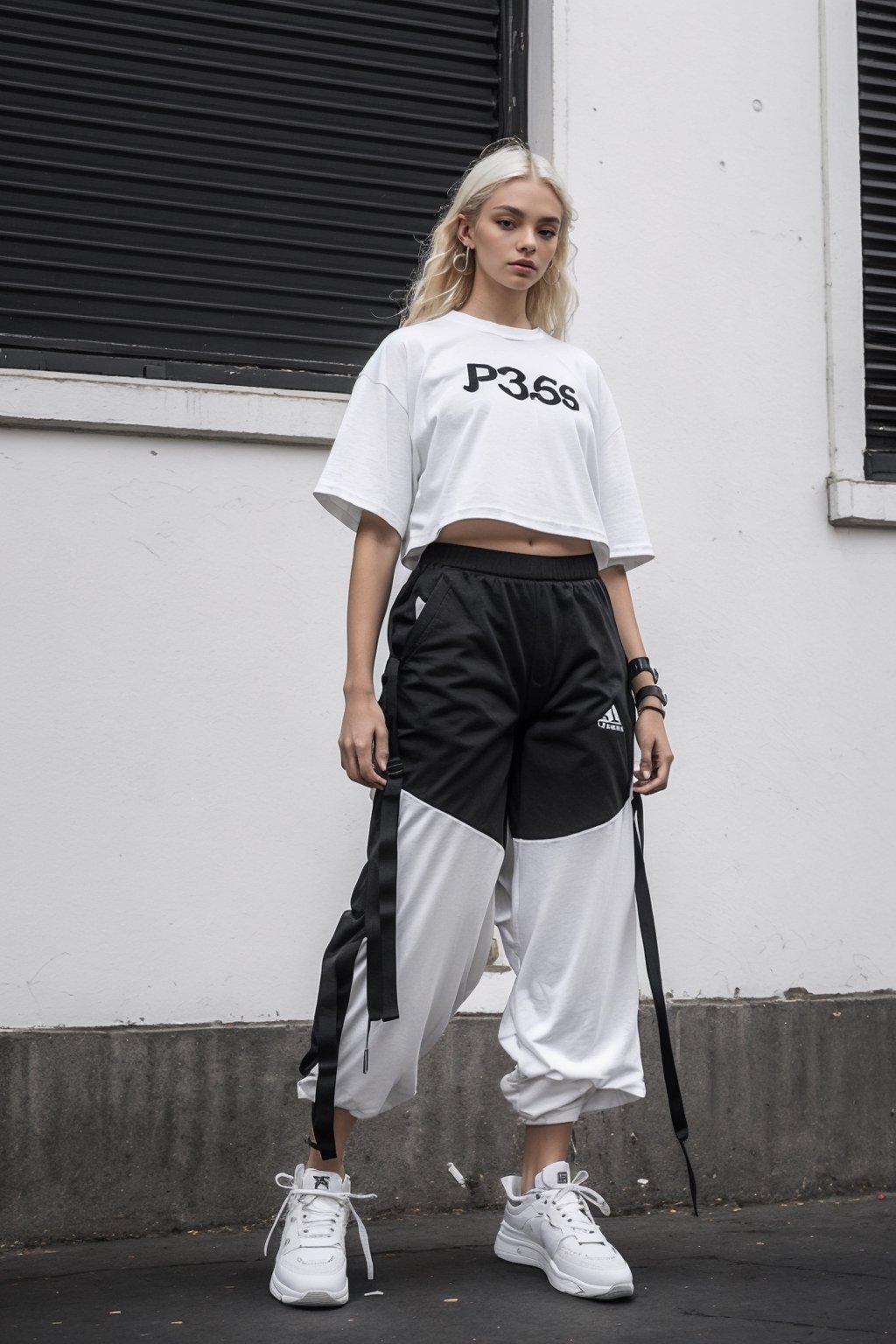 1girl, young white girl, hot top model, long blonde hair, wearing a white oversize t shirt (t shirt only white color) and Acronym J36-S black pants and Acronym P30A-DS and black and white sneakers, in city, instagram model, 80mm,urban techwear,weapon