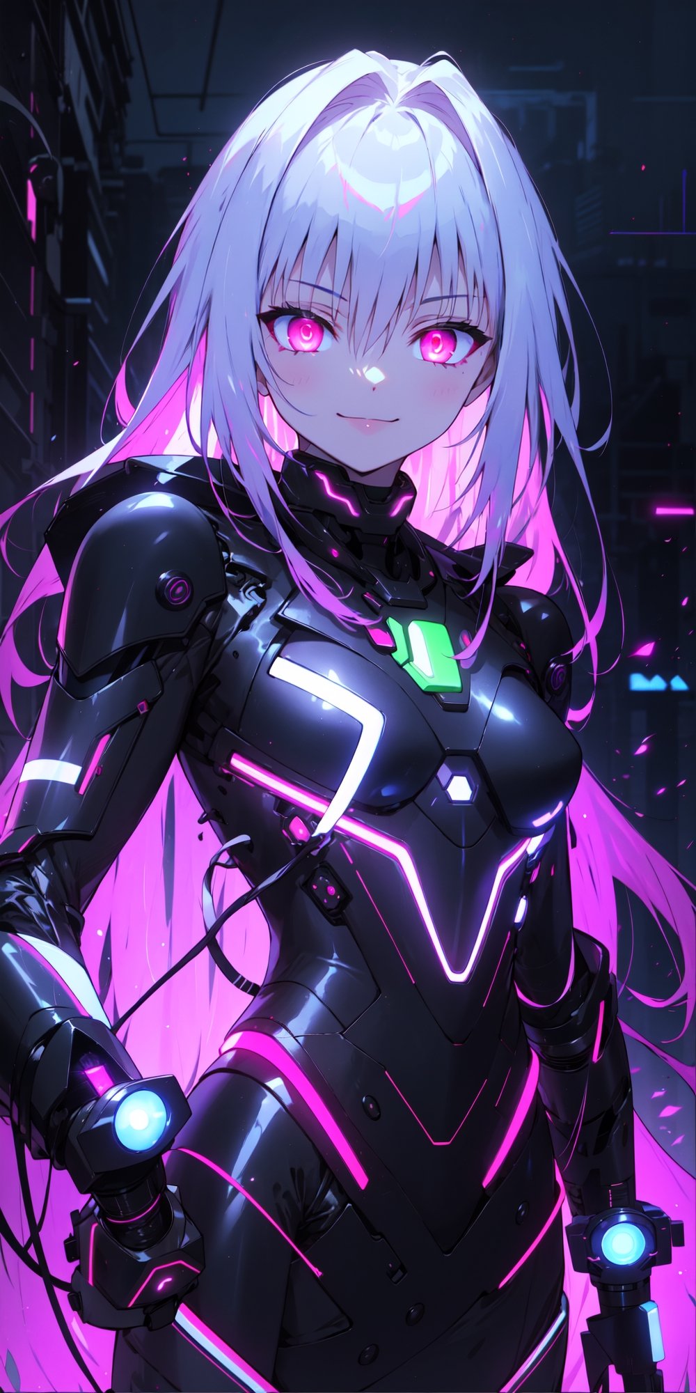 1girl, glowing advanced eyes, ultra-advanced tecnology, arrogant, glow_in_the_dark, glowing clothes, neon eyes,Neon Light, smile,r1ge,phyami