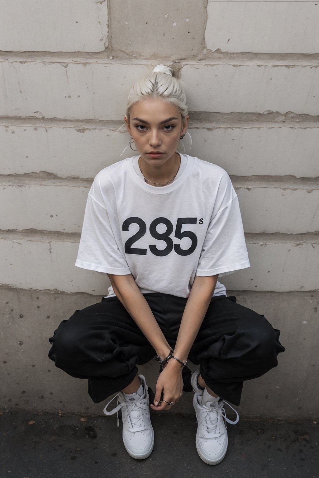 1girl, young pretty white girl, hot top model, long blonde hair, wearing a white oversize t shirt (t shirt only white color) and Acronym J36-S black pants and Acronym P30A-DS and black and white sneakers, piercings, in city, (((sitting near a wall))), (((looking at the camera from above))), instagram model, 80mm,urban techwear,weapon