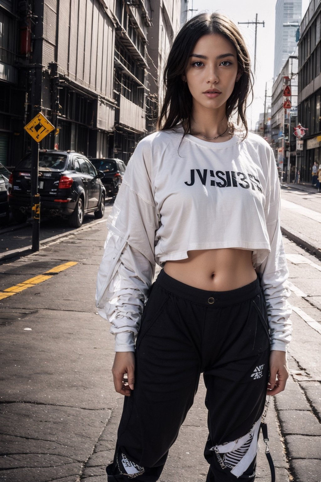 1girl, young white girl, hot top model, long blonde hair, wearing a white long oversize t shirt (t shirt only white color) and Acronym J36-S black pants and Acronym P30A-DS and black and white sneakers, in city, instagram model, 80mm,urban techwear,blurry_light_background,tattoo,nipple piercing,girl