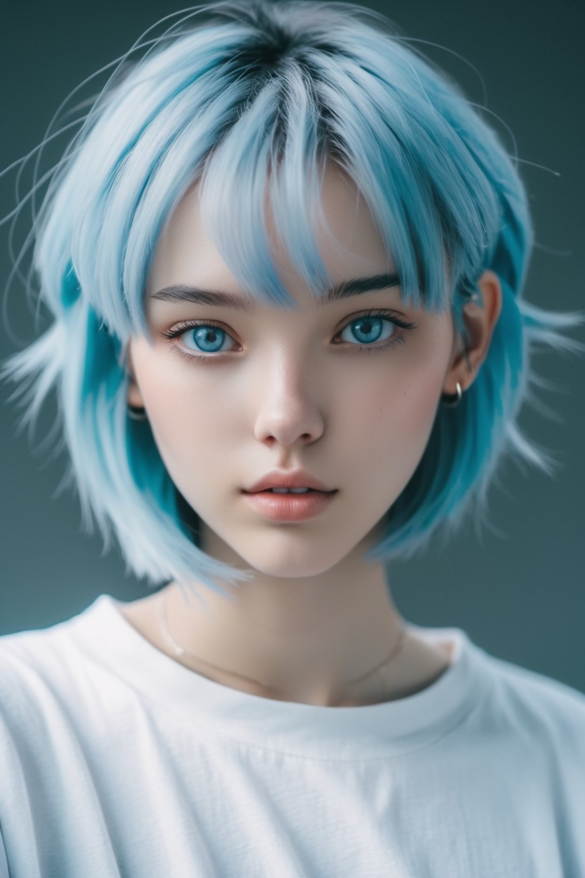 female focus, light blue hair, white oversize t-shirt, solo focus, upper body, short hair, 1girl