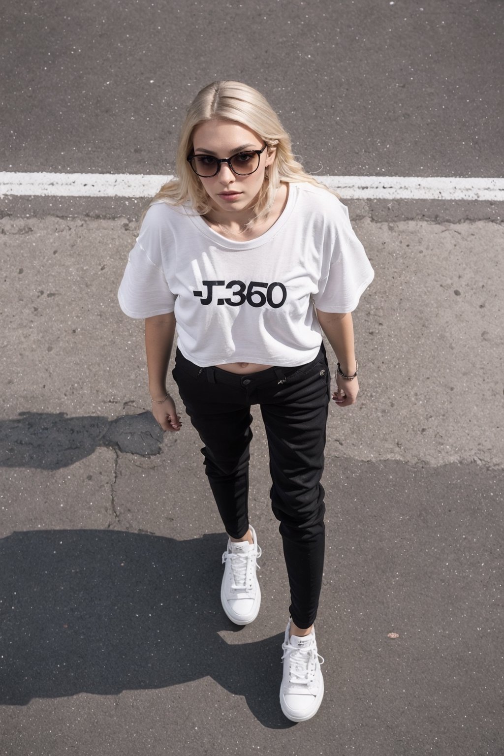 1girl, young white girl, hot top model, long blonde hair, wearing a white oversize t shirt (t shirt only white color) and Acronym J36-S black pants and Acronym P30A-DS and black and white sneakers, in city, instagram model, 80mm, (((top view))), urban techwear