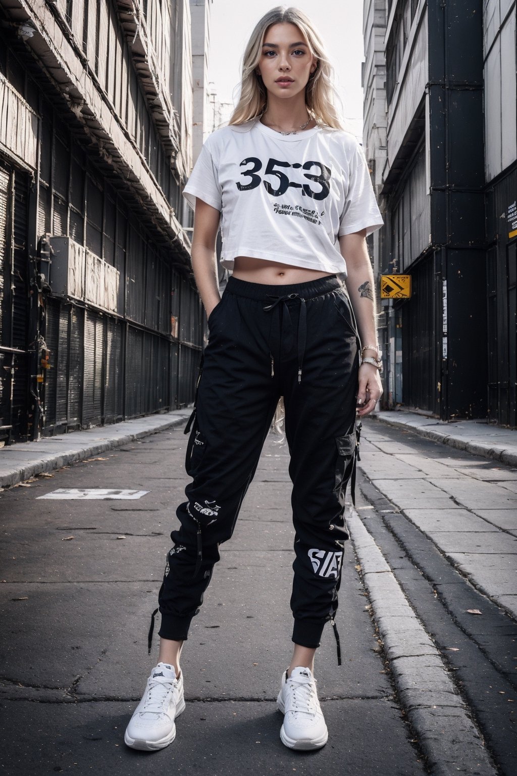 1girl, young white girl, hot top model, long blonde hair, wearing a white long oversize t shirt (t shirt only white color) and Acronym J36-S black pants and Acronym P30A-DS and black and white sneakers, in city, instagram model, 80mm,urban techwear,blurry_light_background,tattoo,nipple piercing,girl