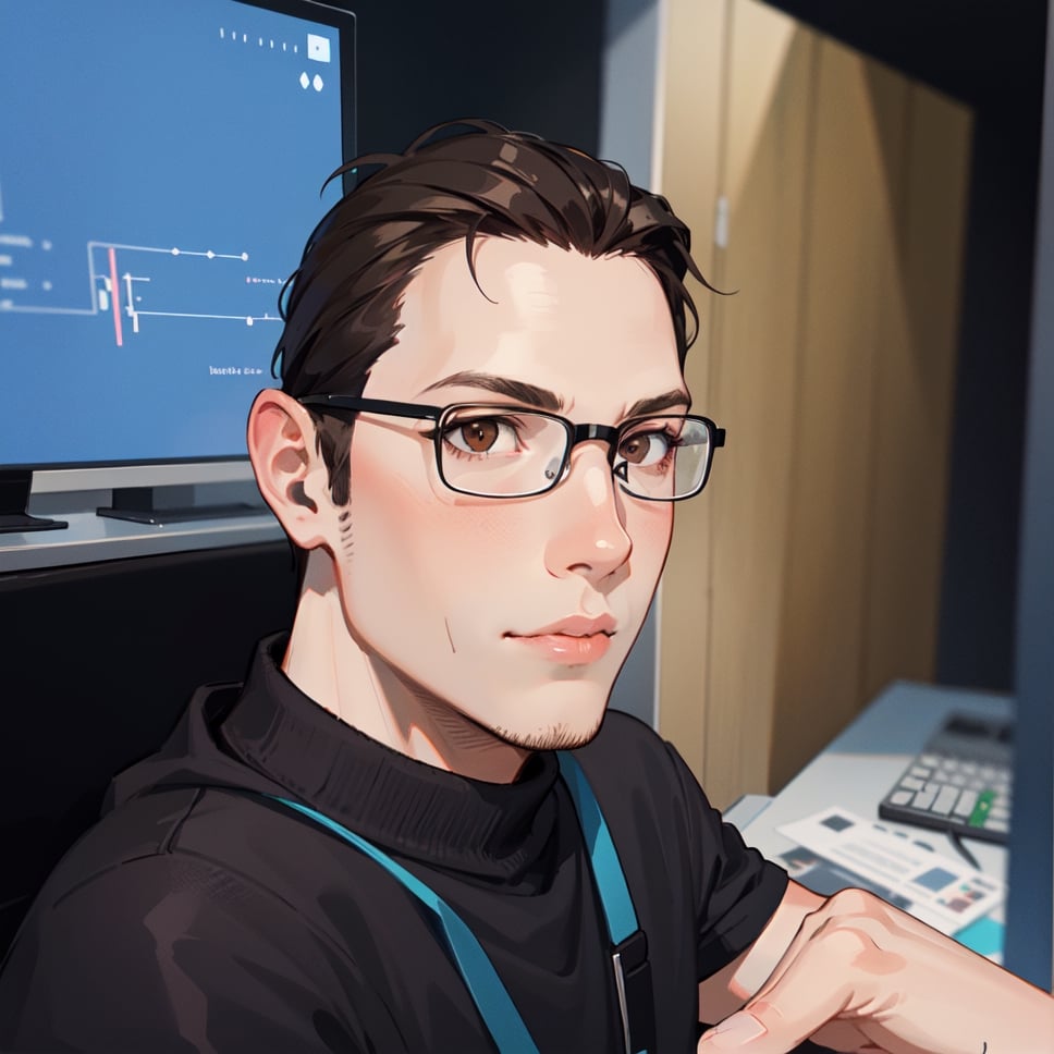 caricature of a young man sitting at a desk with a computer, with brown eyes, with semi-rimmed glasses, NFT Portrait, Avatar Image, Portrait of Jerma985, Twitch Streamer / Gamer Ludwig, Varguyart Style, Jerma 9 8 5, jerma985, 3 D render of Jerma 9 8 5, 2D Portrait, msxotto, High Quality Portrait, Brown Eyes