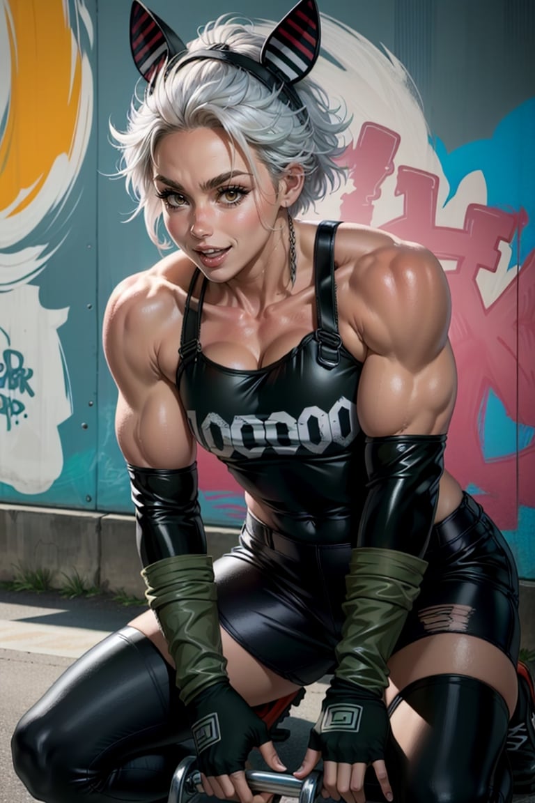 1 girl, outdoor,  happy, noi_(dorohedoro), muscles,  white hair, red eyes:1.3, mechanic overall:1.2, pop, skatepark, urban, graffiti, latex, close up, fingerless gloves, bat, dunamic, happy