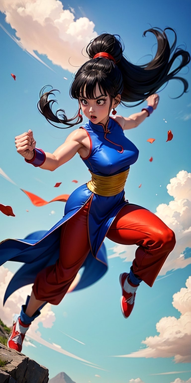 1 girl, chichi_dbz, Chichi_Blue_China_Dress, red sports wristband, kung fu hands, sport viewers, blue sky,red pants, blue dress, long hair, wind blowing