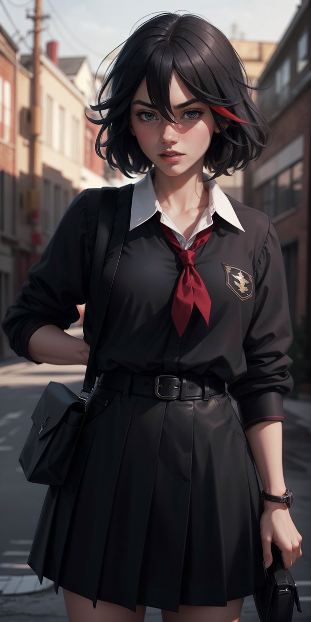 1 girl, matoi ryuuko, school uniform, black serafuku, suspender skirt,  school background, realistic, bad ass pose, young, 