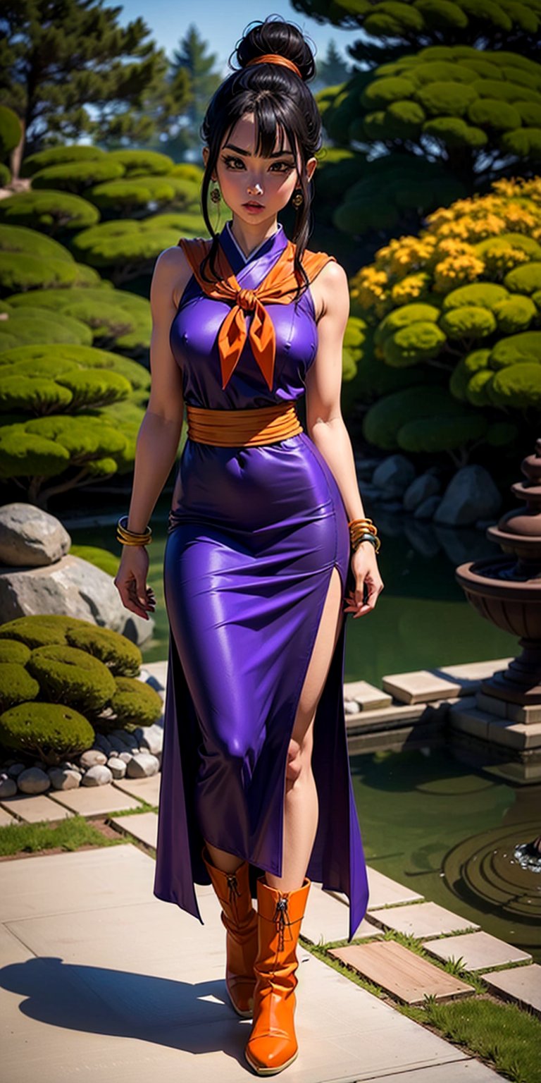 1 girl, chichi_dbz,Purple_Dress_Orange_Neckerchief, cotton fabric, japanese garden, long hair,bracelet, long loose dress, brow-orange pointy boots
