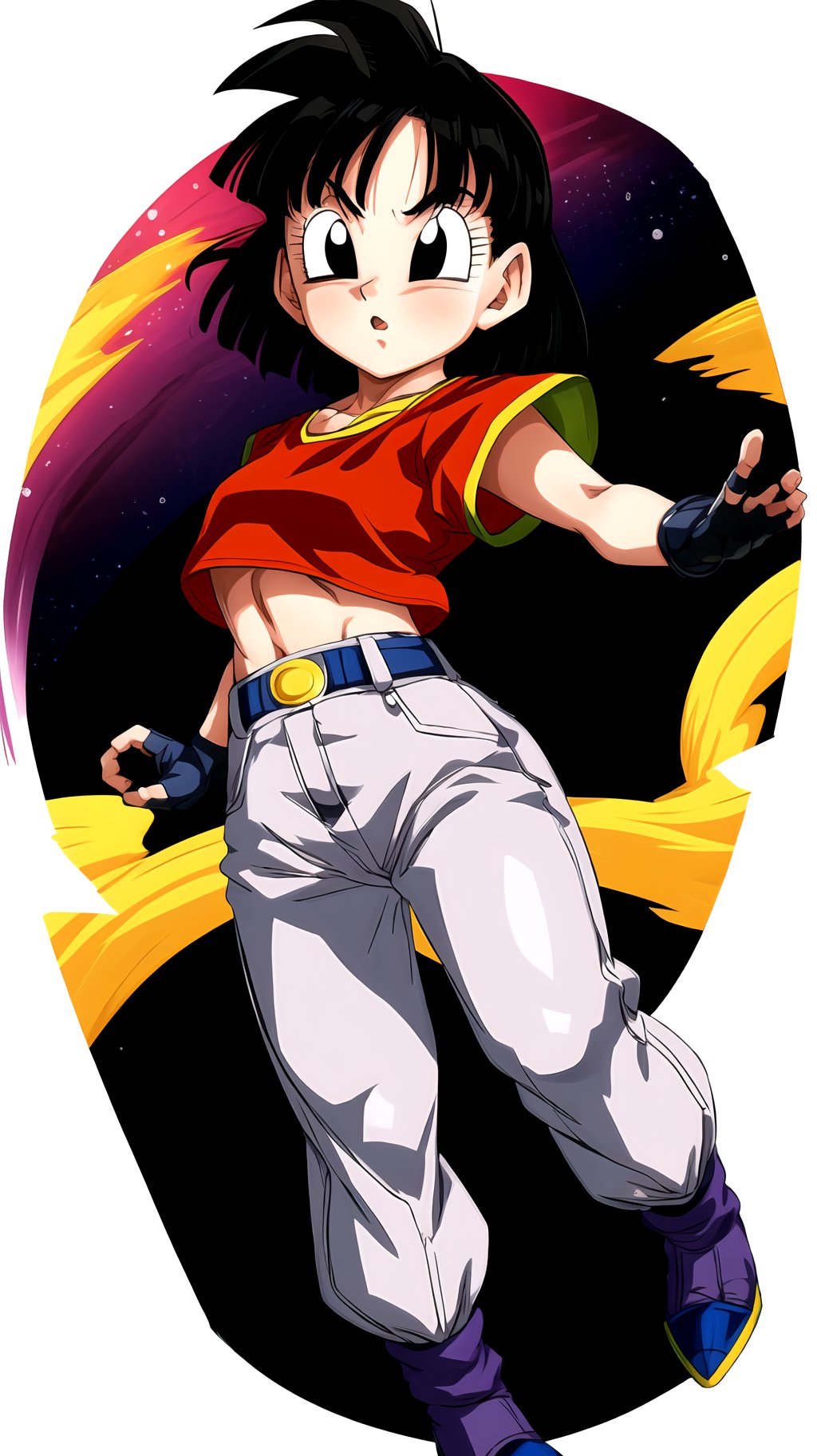 dbsuper style, 1girl, full body, black eyes, short hair,  pants, fingerless gloves, red shirt, crop top,(((super saiyan hair)))