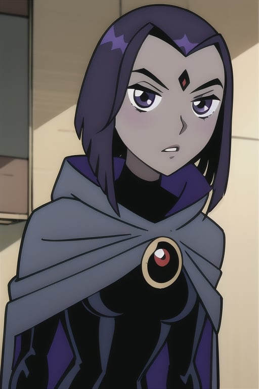 Raven,
Teen Titans,
Grey skin,
1 girl, purple cape, black bodysuit, 
