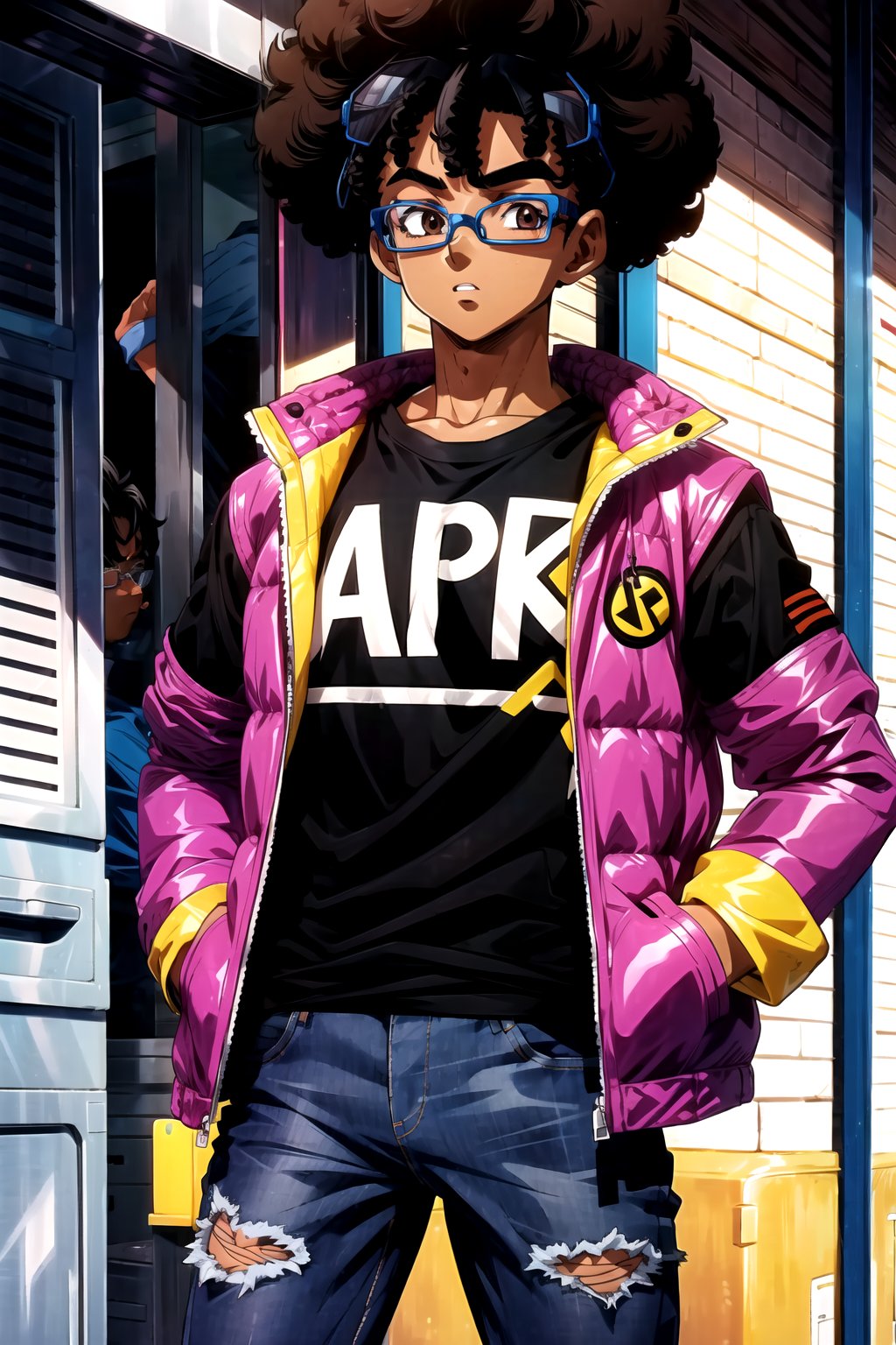 dbsuper style, black shirt, snikers, purple jacket, 1boy, ((brown skin)), afro, glasses, tall, jeans, black hair