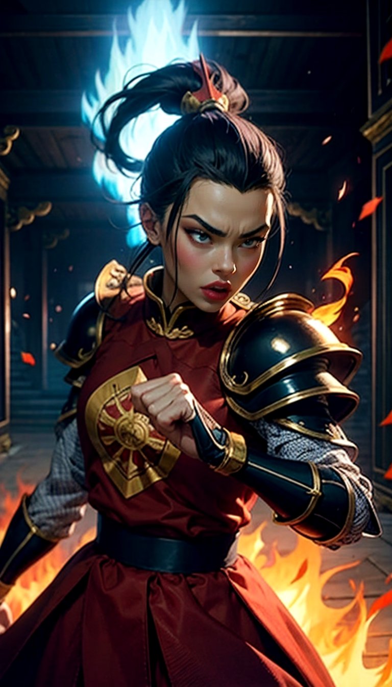 azula, 1 girl, blue fire:1.2, ornaments, ancient palace, natural light, realistic, lipstick, makeup, ponytail, topknot, blue lighting, metallic shoulder pad, samurai,r1ge, blue, shoulder armor, kung fu pose