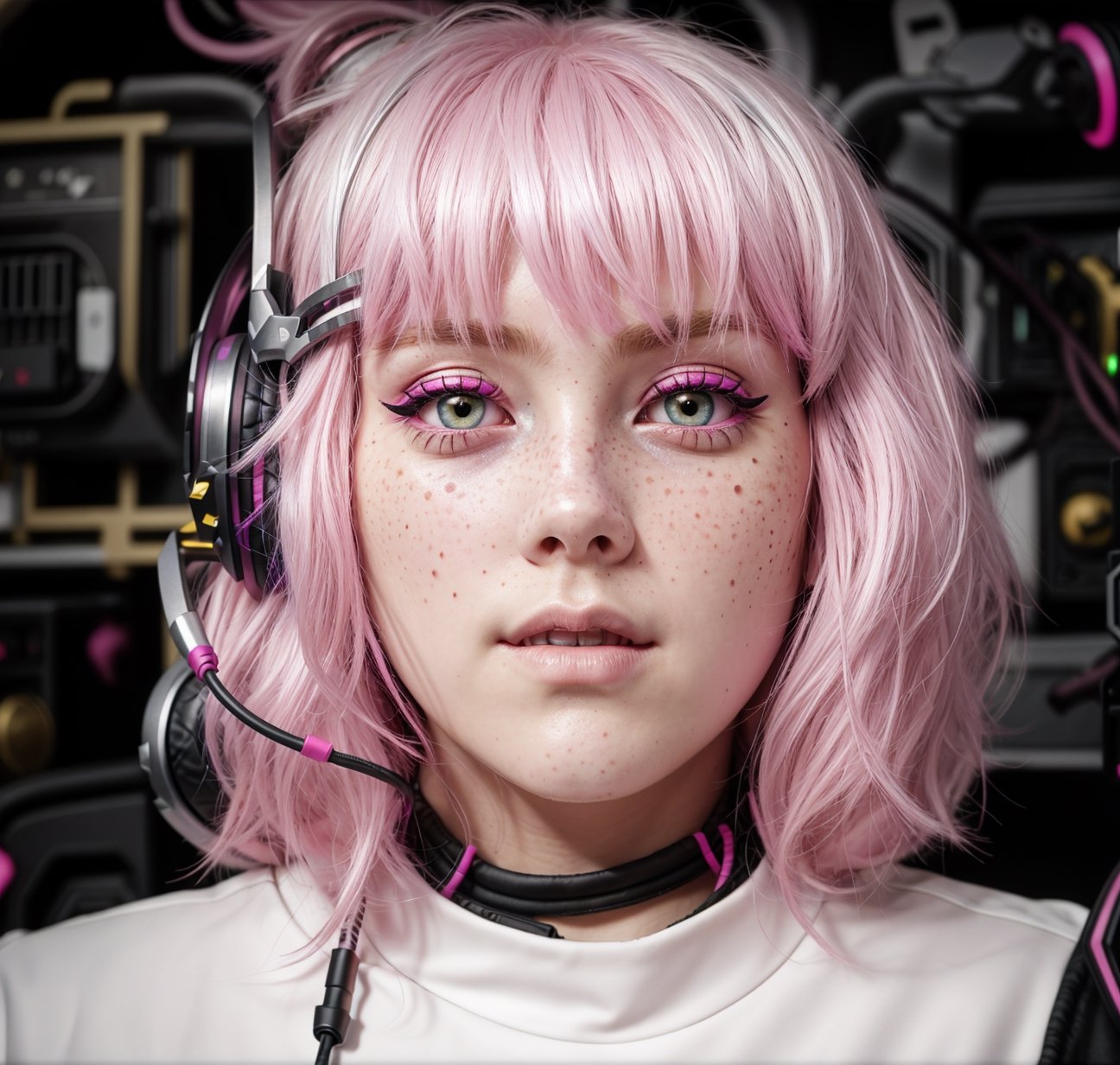 pink hair, golden gamer headphones, silver gamer microphone, messy hair, white eyes, pale skin, freckles:.001.starship, black background, serious,black eyeshadow, closed_mouth 