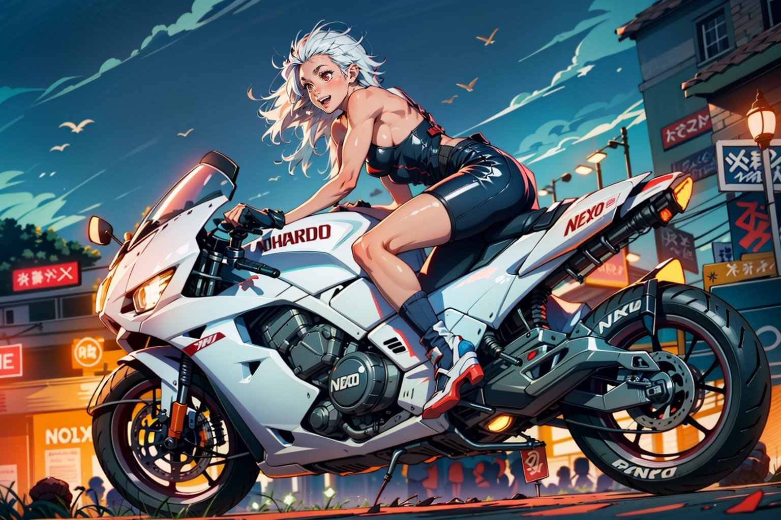 1 girl, outdoor,  happy, noi_(dorohedoro), muscles,  white hair, red eyes:1.3, mechanic overall:1.2,  latex, short, sexy, hot, bareshoulders,  happy, glossy, tron bike, neon lights, speedlight, future bike, flying bike, 