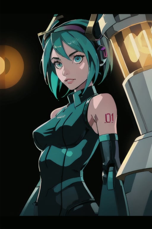 cgmech, beautiful eyes, upper body, underboob,  portrait, robot, armor, Hatsune Miku, neon light, 8K, RAW, best quality, masterpiece, ultra high res, colorful, (medium wide shot), (dynamic perspective), sharp focus , (depth of field, bokeh:1.3), extremely detailed eyes and face, beautiful detailed eyes,large breasts,(black gold, trimmed gear:1.2),(In a futuristic weapons factory:1.2), ((masterpiece, best quality)),  Detailed background, spaceship interior  