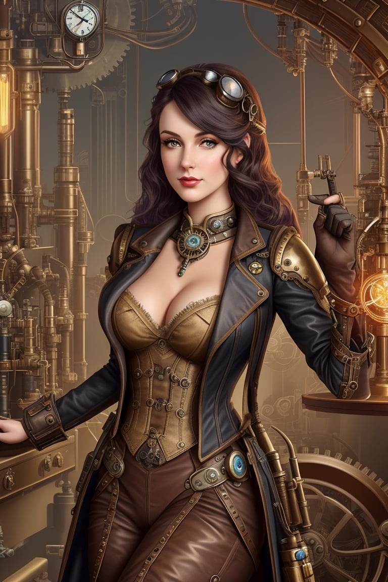 Steampunk, a woman, retrofuturistic science fantasy, steam-powered tech, vintage industry, gears, neo-victorian, steampunk